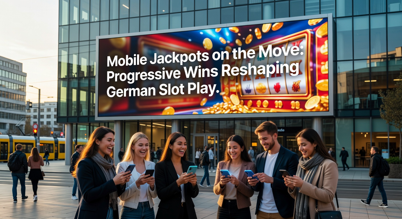 Smartphone mit leuchtendem progressivem Jackpot-Slot auf dem Bildschirm, umgeben von deutschen Flaggen und Münzen, die in die Höhe schießen