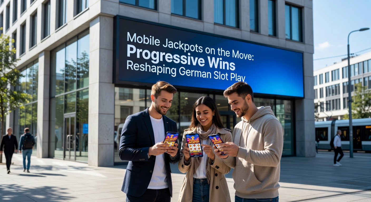 Gruppe jubelnder Spieler mit Smartphones, die progressive Jackpot-Siege feiern, vor Berliner Skyline mit explodierenden Goldmünzen