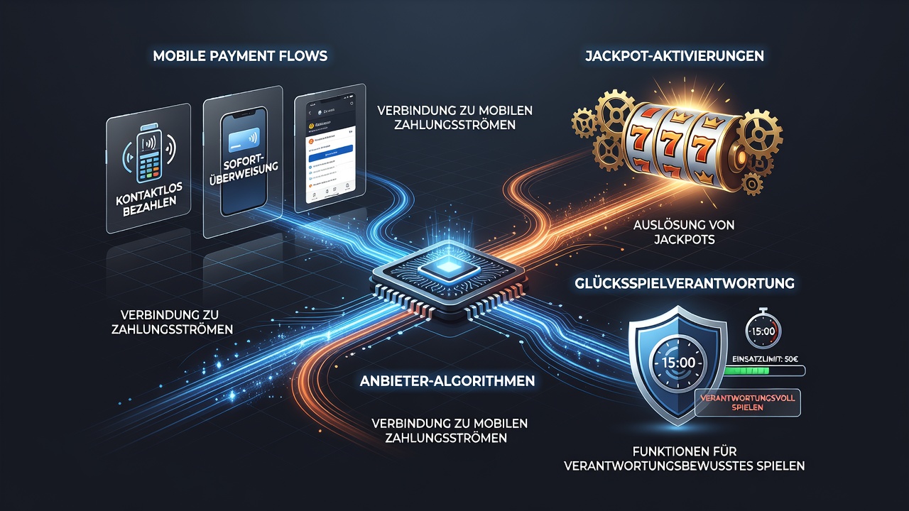 Darstellung von Algorithmen die Zahlungsflüsse mit Jackpot-Aktivierungen in mobilen deutschen Slots verbinden