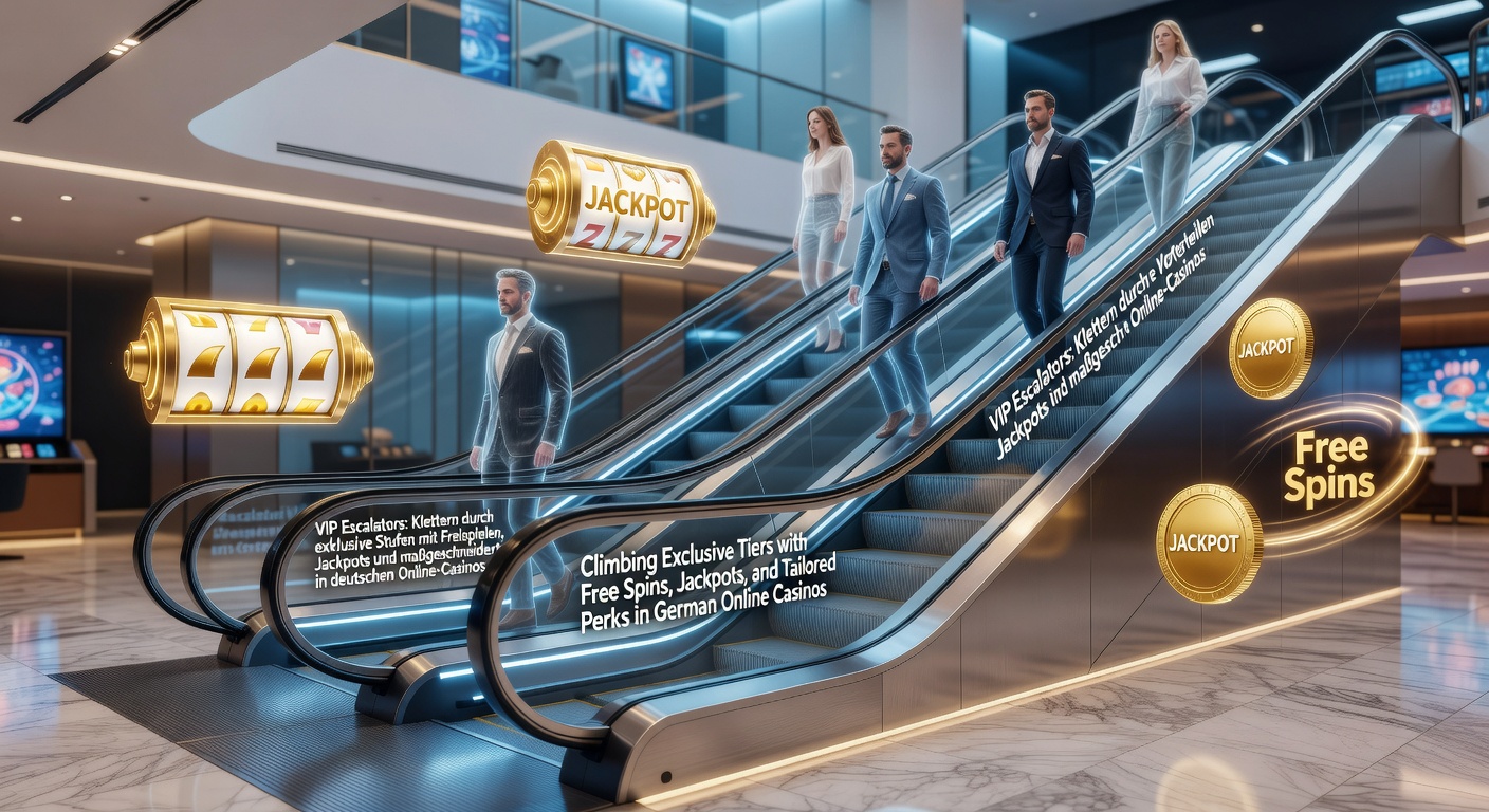 Grafik einer leuchtenden VIP-Treppenleiter mit Symbolen für Freispiele, Jackpots und exklusive Belohnungen in einem Online-Casino