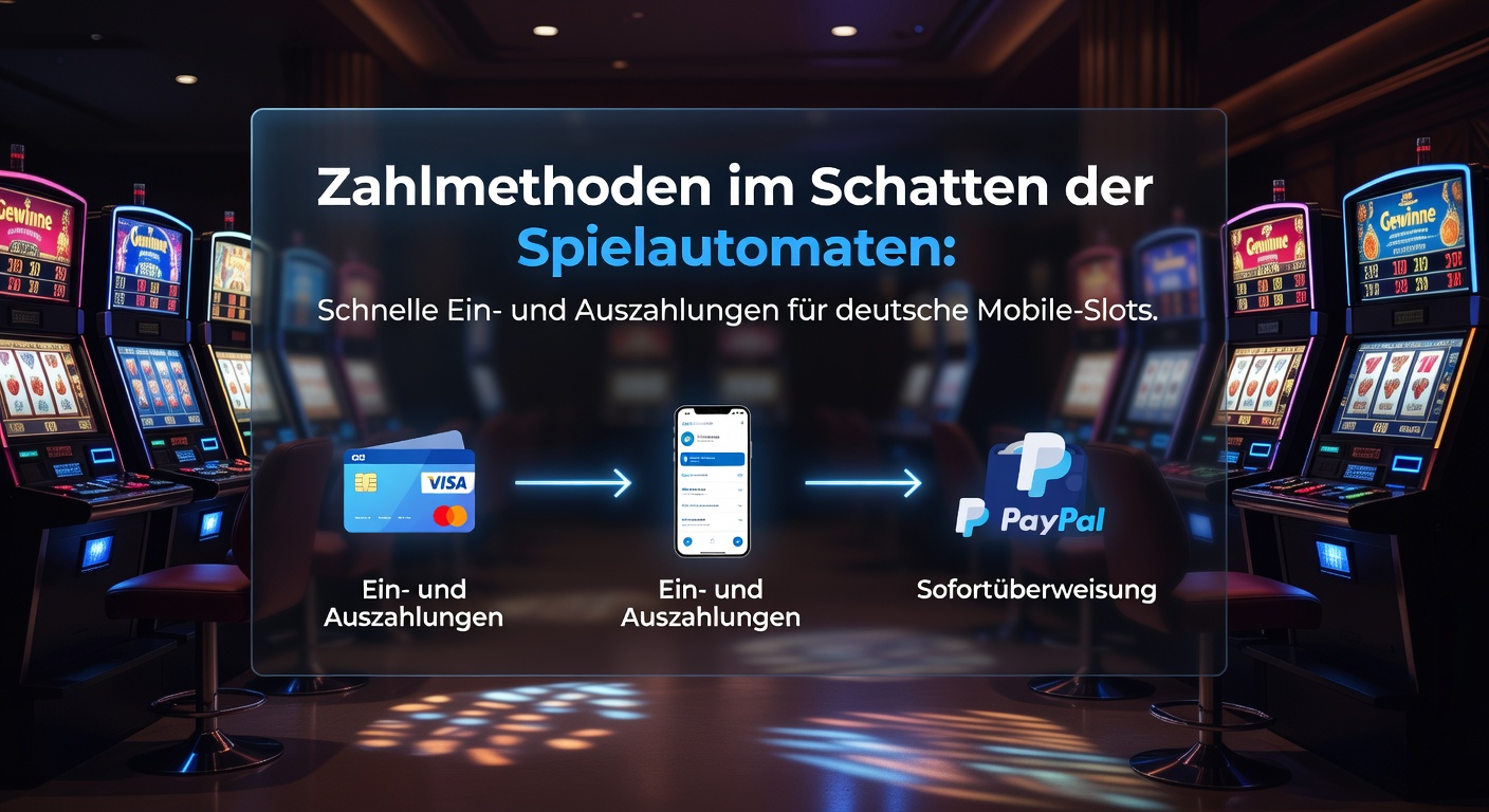 Smartphone mit Slot-App und Zahlungssymbolen wie PayPal und Karte im Vordergrund, symbolisiert schnelle Transaktionen bei mobilen Spielautomaten
